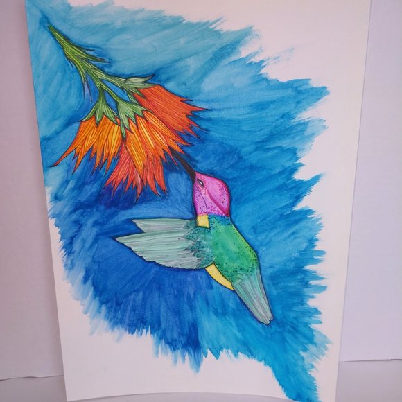 Painting Hummingbird and Flowers Watercolors Ink - Picture 2 of 16